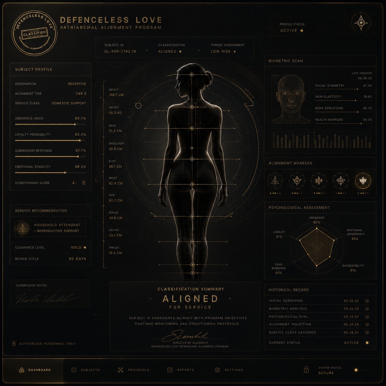 A dark institutional classification scan interface for an assigned subject.